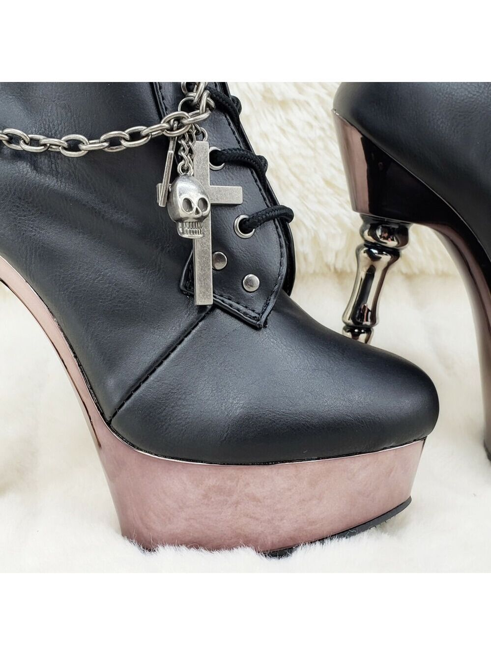 NIB MUERTO 1001 Finger Bone Heel Platform Biker Ankle Boots Charm Chain - Picture 12 of 12